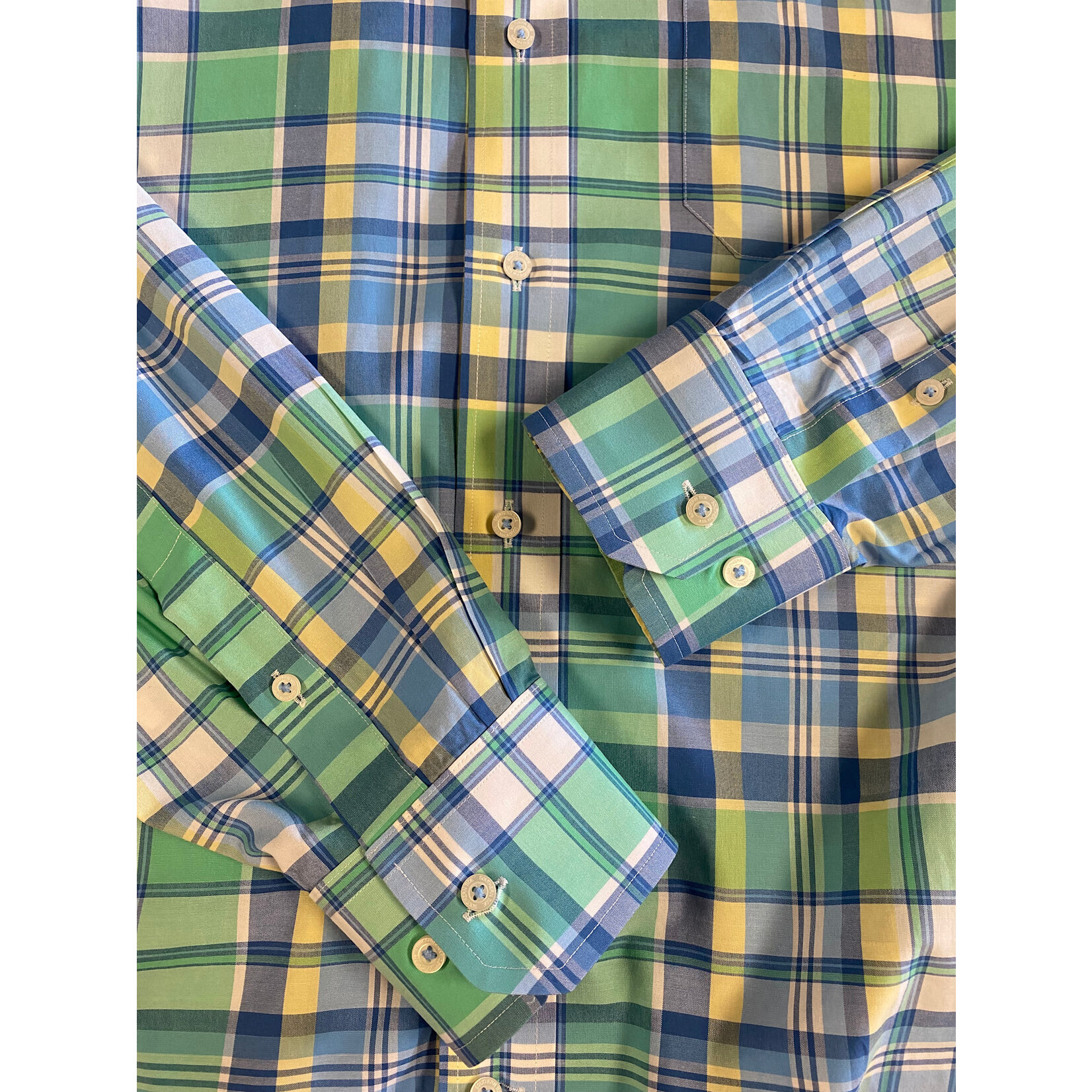 Southern Tide, Blue, Yellow, Green, Plaid, Sort Sleeve, Button Up, Men's, Large