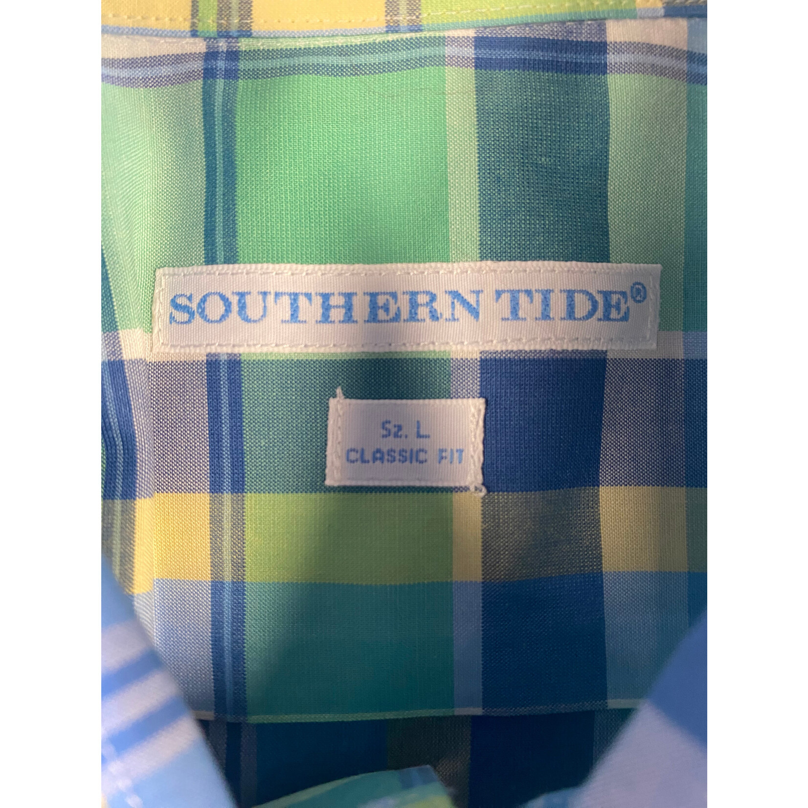 Southern Tide, Blue, Yellow, Green, Plaid, Sort Sleeve, Button Up, Men's, Large