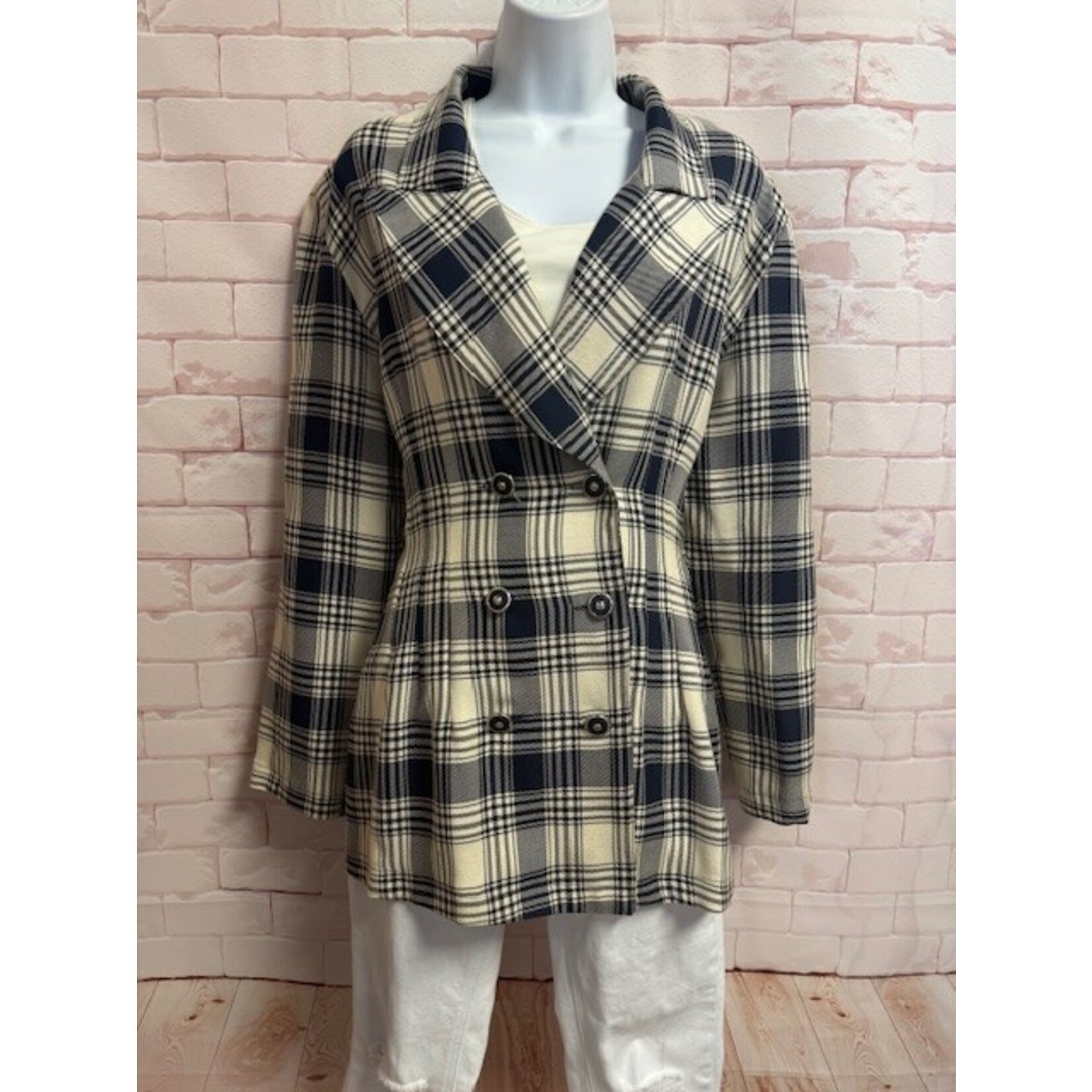 LA Belle, VINTAGE, Cream, Navy, Plaid, Blazer, 13