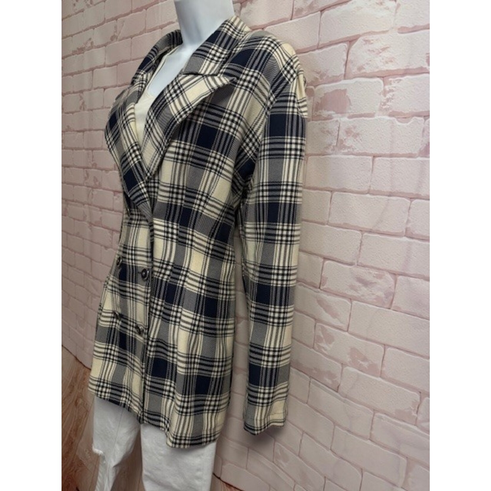 LA Belle, VINTAGE, Cream, Navy, Plaid, Blazer, 13