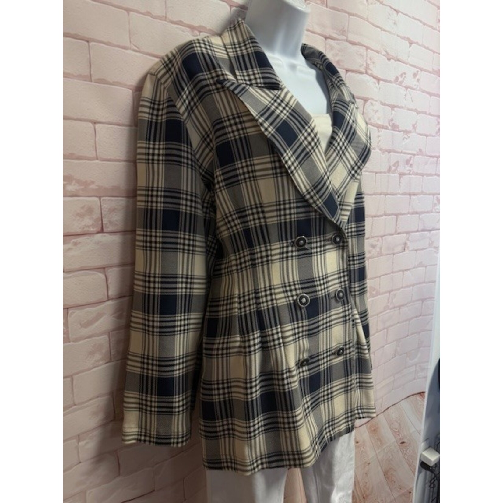 LA Belle, VINTAGE, Cream, Navy, Plaid, Blazer, 13