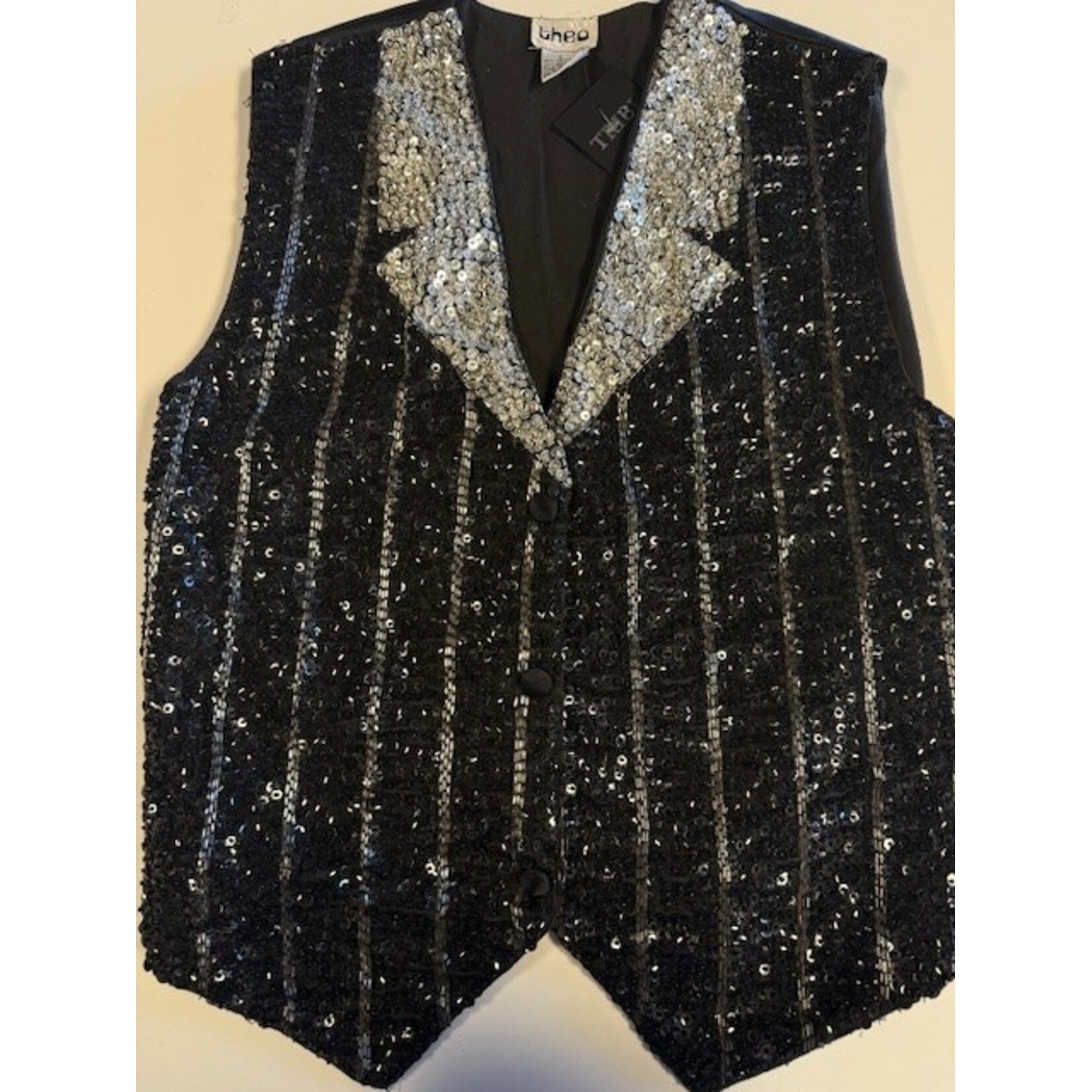 Theo, Vintage, Black, Silver, Beaded, Vest, S