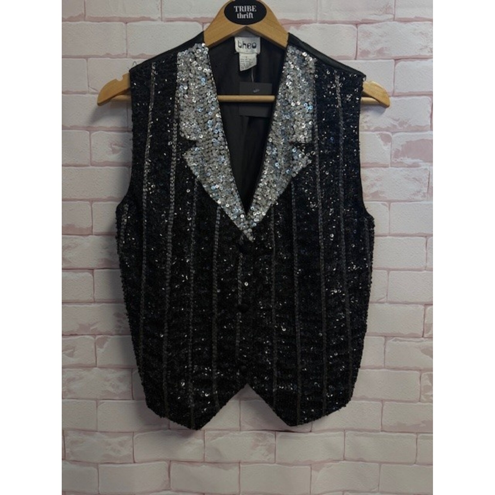 Theo, Vintage, Black, Silver, Beaded, Vest, S