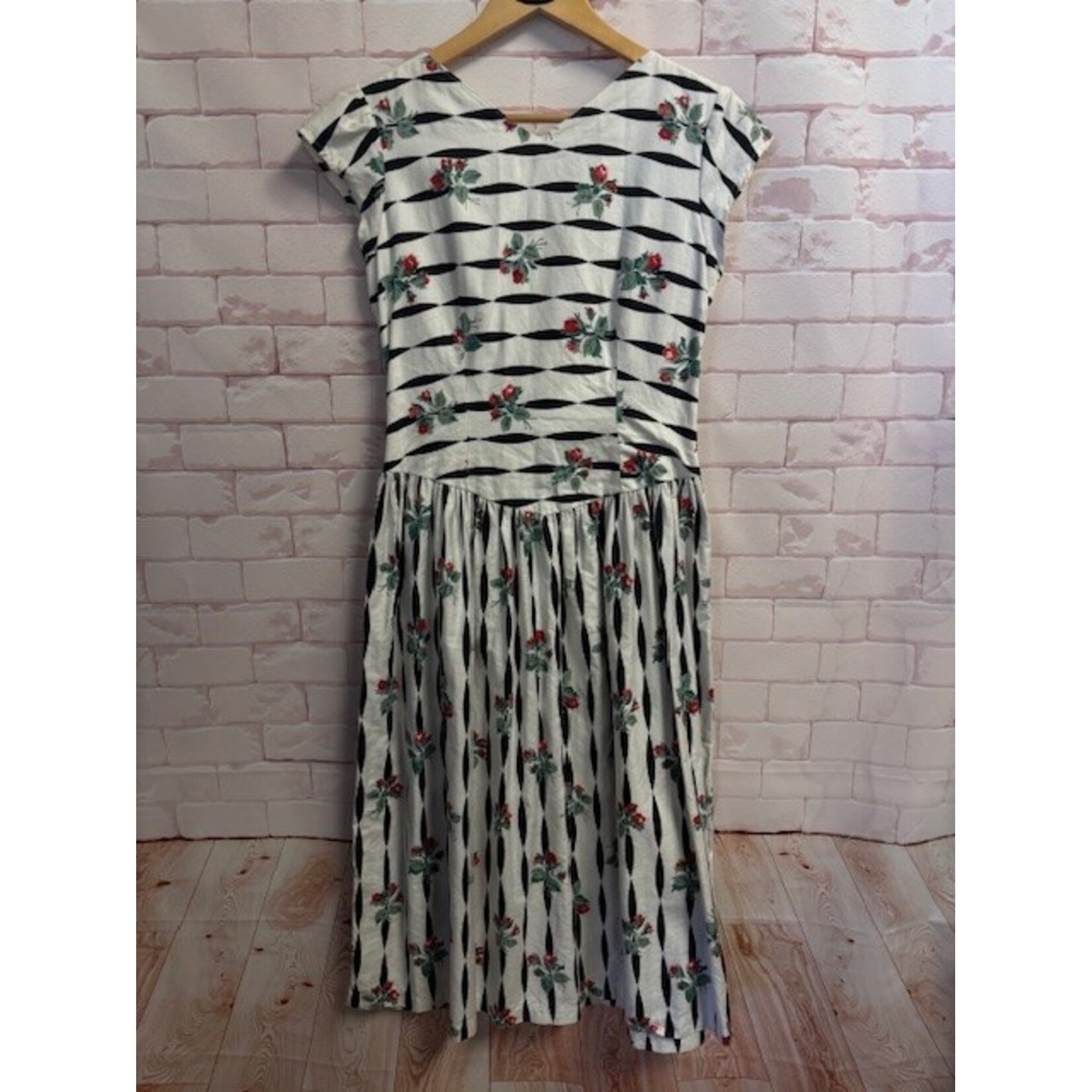 Eileen West, Vintage, Black, White, Floral, Dress, 8