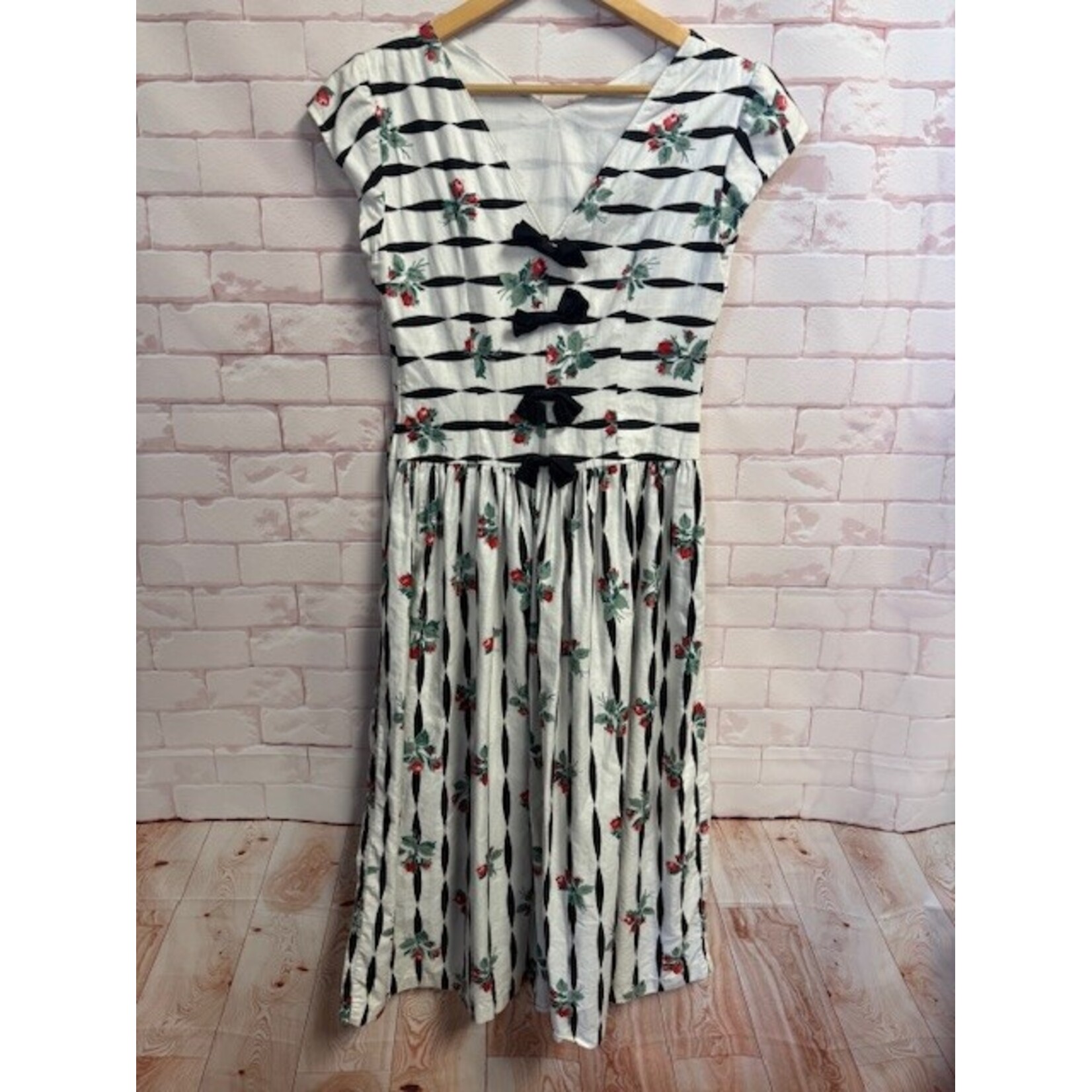 Eileen West, Vintage, Black, White, Floral, Dress, 8