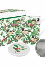 Tea Mug with Lid & Strainer in Gift Box - Yuletide Chickadees White