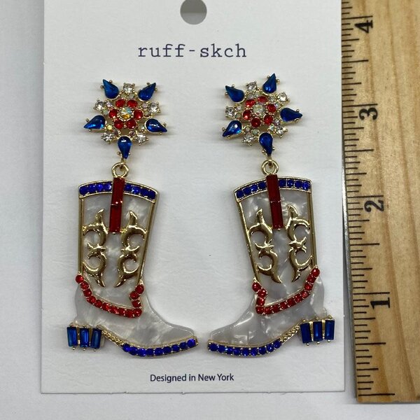 RUFF-SKCH RED WHITE BLUE COWBOY BOOT EARRINGS