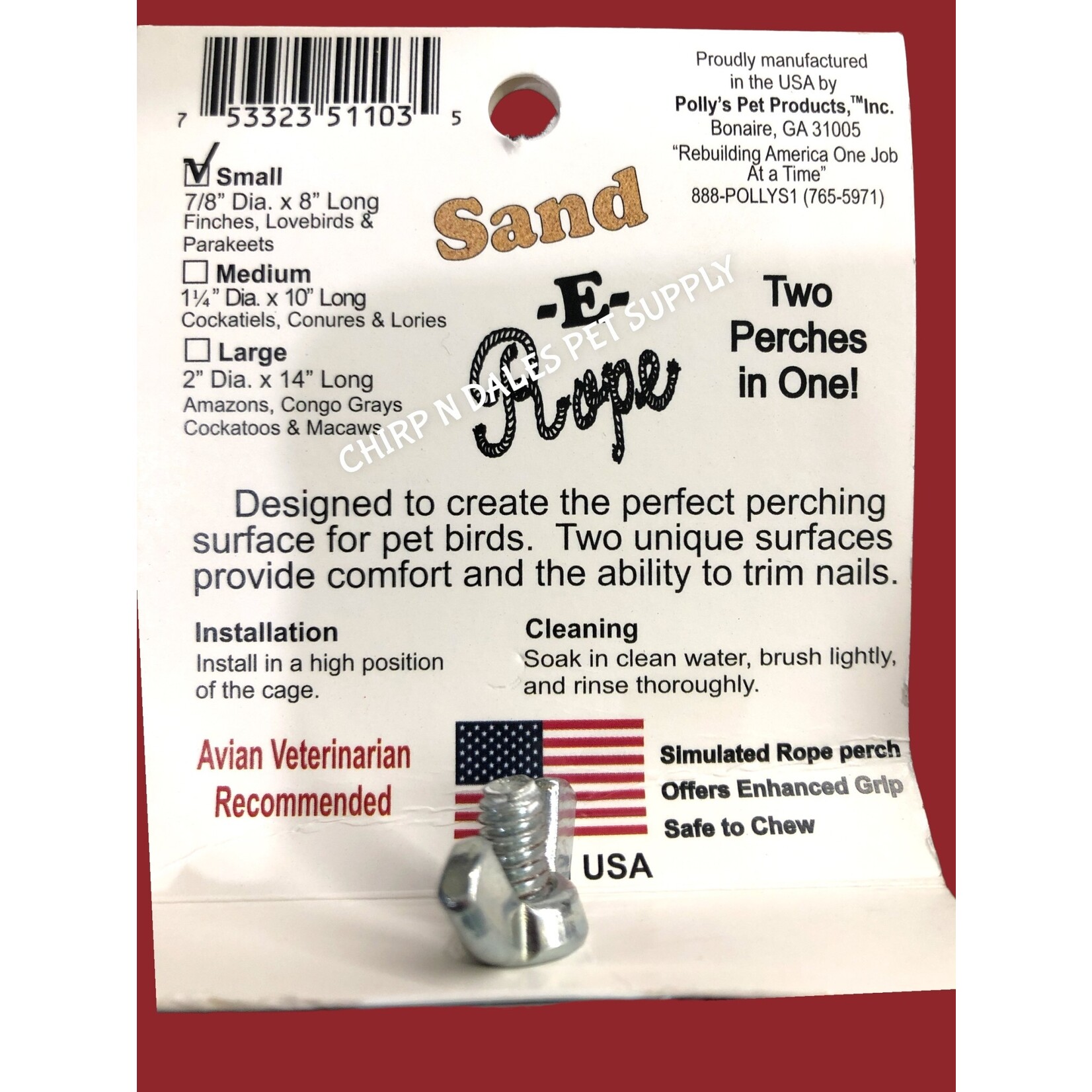 Polly's  Pet Products Polly Sand -E- Rope Perch Small