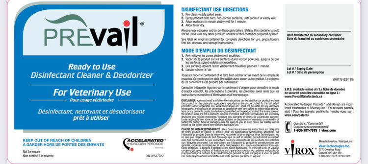 Virox Prevail Vet Grade Avian Disinfectant, Ready to Use 1L
