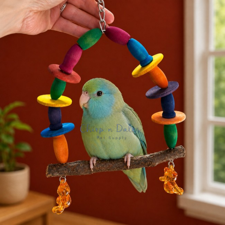 Beak Joy Parrot Toys MINI PARROT SWING WITH NATURAL PERCH – HANDMADE IN CANADA – 5" X 8"