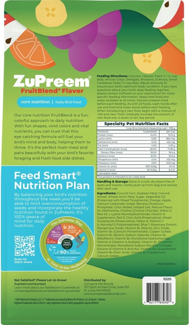 Zupreem ZuPreem "Fruitblend" Food For Conure, Small Cockatoos & Other Medium To Large Parrot 3.5lbs 30830