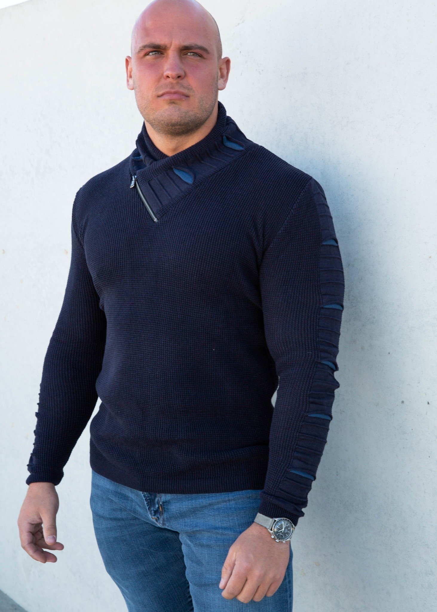 Shawl Collar Cut Out Zipper Sweater - DERBYSHIRE MEN