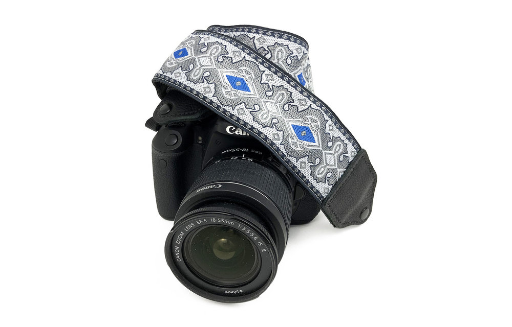Perri's Silver/Blue Diamond Jacquard Camera Strap