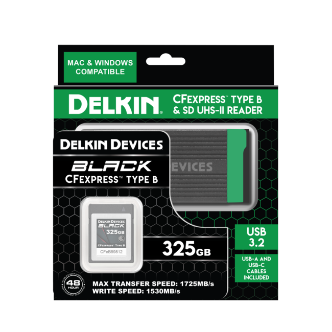 Delkin BLACK CFexpress™ Type B 325GB & USB 3.2 CFexpress™ Type B & SD Memory Card Reader - BUNDLE