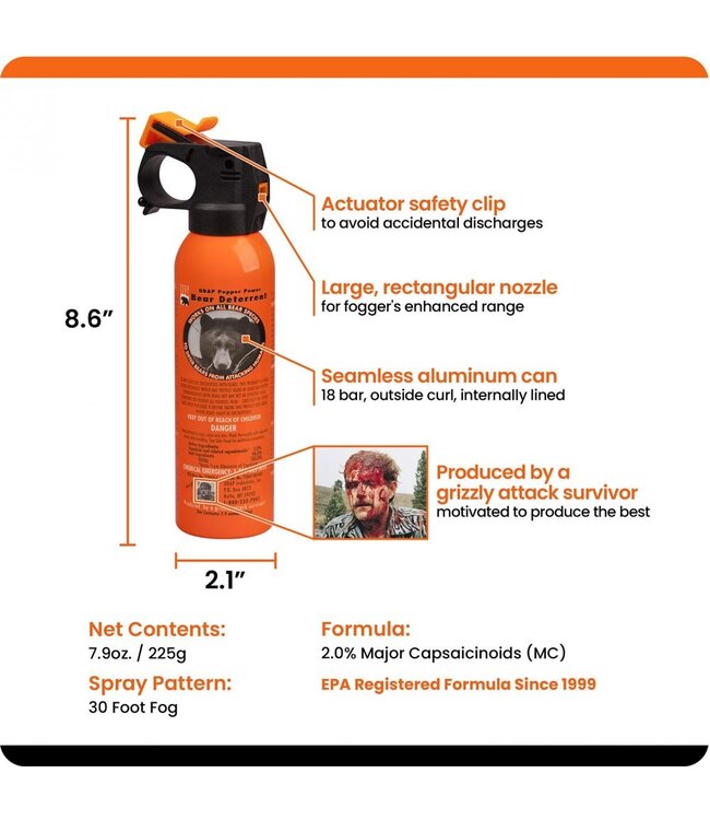7.9oz-225g Safety Orange Bear Pepper Spray w/ Griz Guard Holster