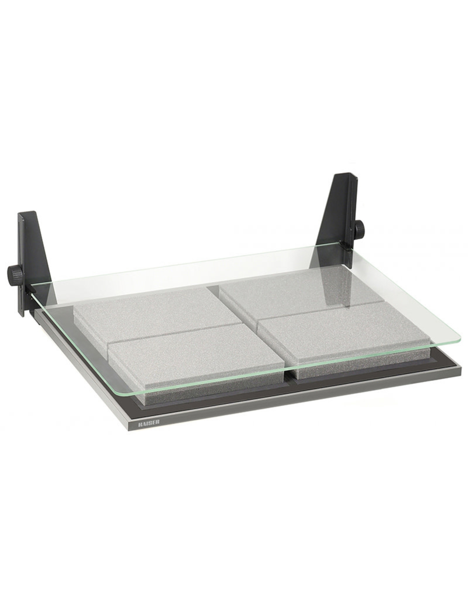 Kaiser Book Holder 69/50 AR, with anti-reflective coating, pressure plate for exact positioning, solid base plate with non-slip coating, and pre-formed foam of various thickness. For formats up to 69cm x 50cm (27.2” x 19.7”)