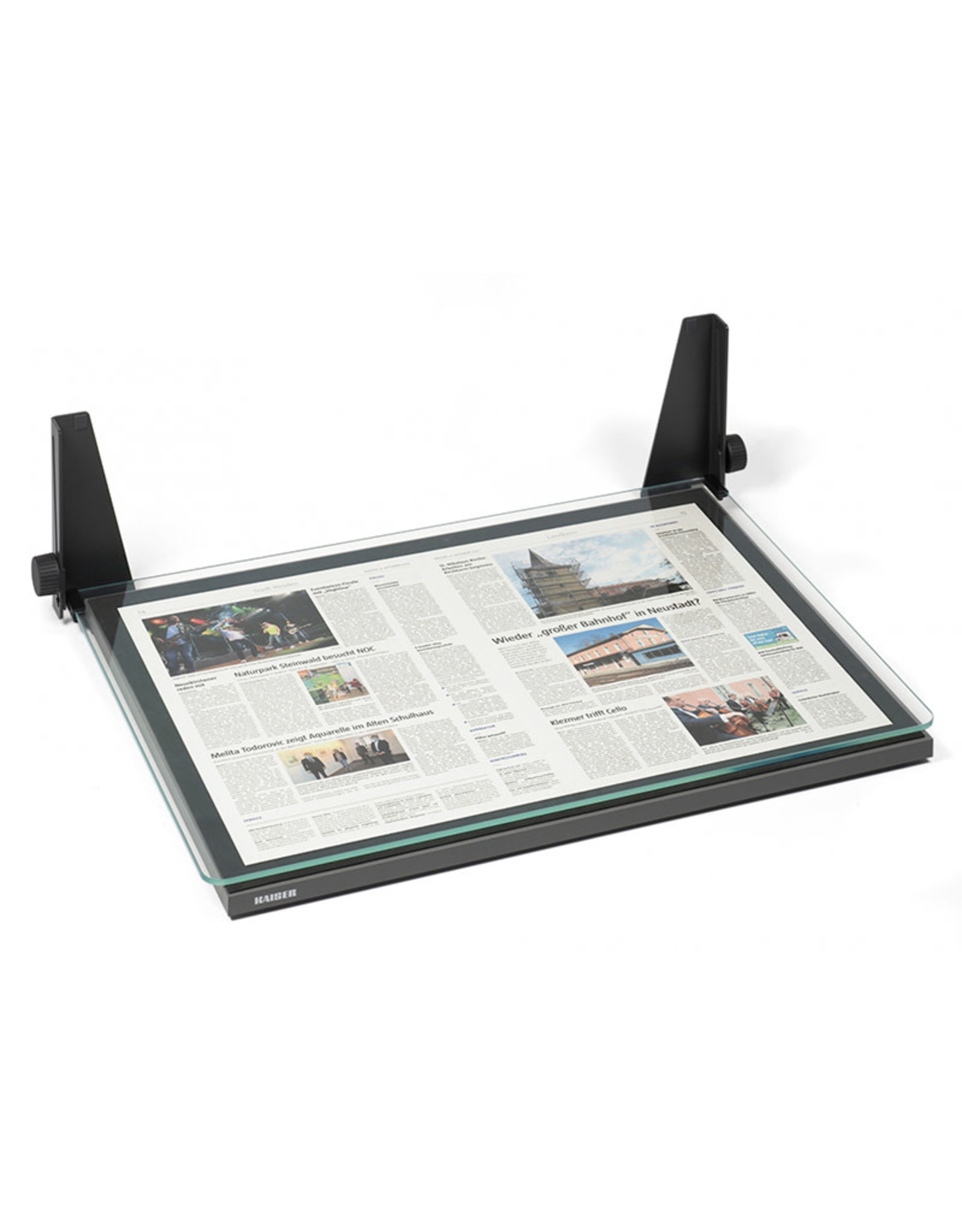 Kaiser Book Holder 69/50 AR, with anti-reflective coating, pressure plate for exact positioning, solid base plate with non-slip coating, and pre-formed foam of various thickness. For formats up to 69cm x 50cm (27.2” x 19.7”)