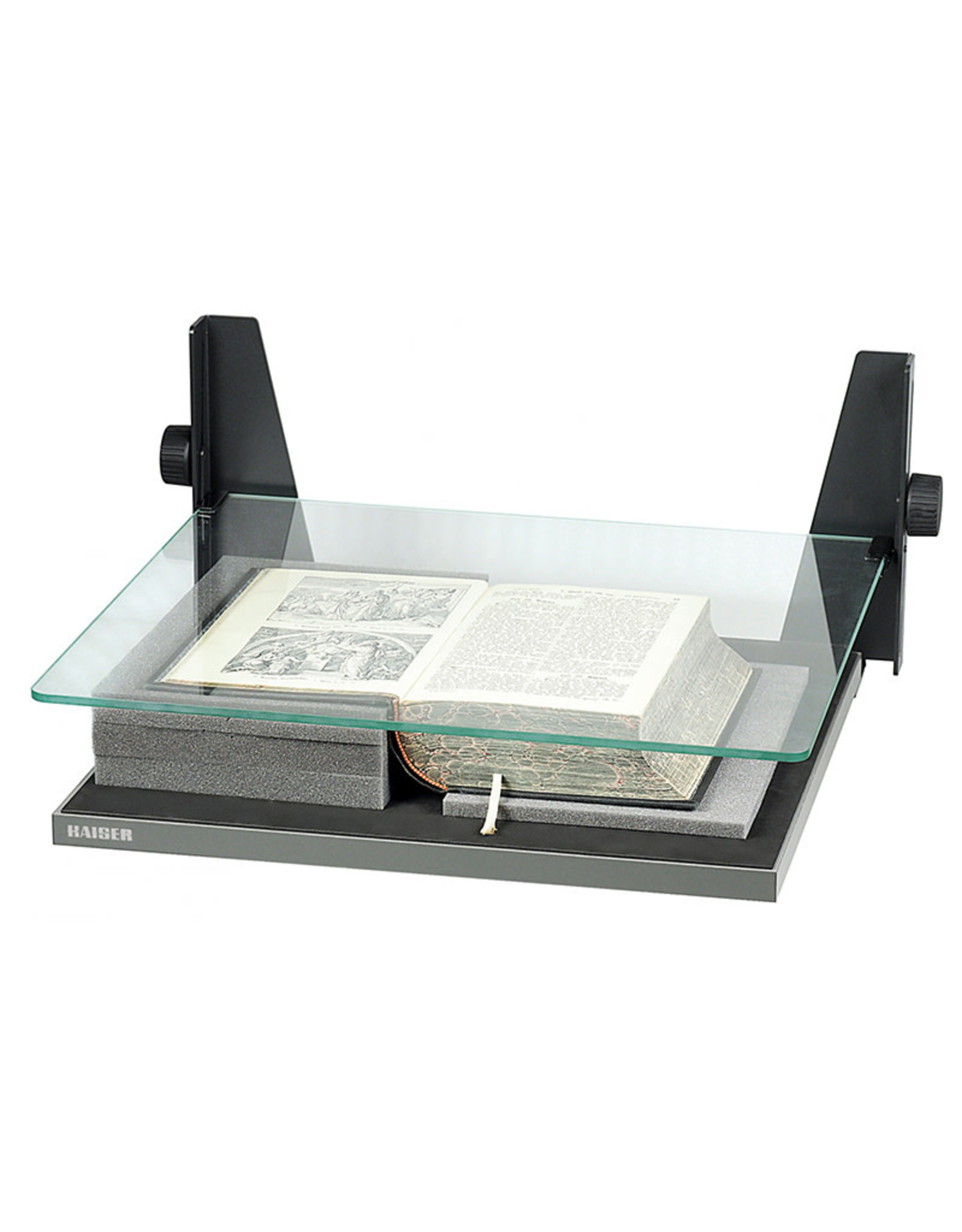 Kaiser Book Holder 69/50 AR, with anti-reflective coating, pressure plate for exact positioning, solid base plate with non-slip coating, and pre-formed foam of various thickness. For formats up to 69cm x 50cm (27.2” x 19.7”)