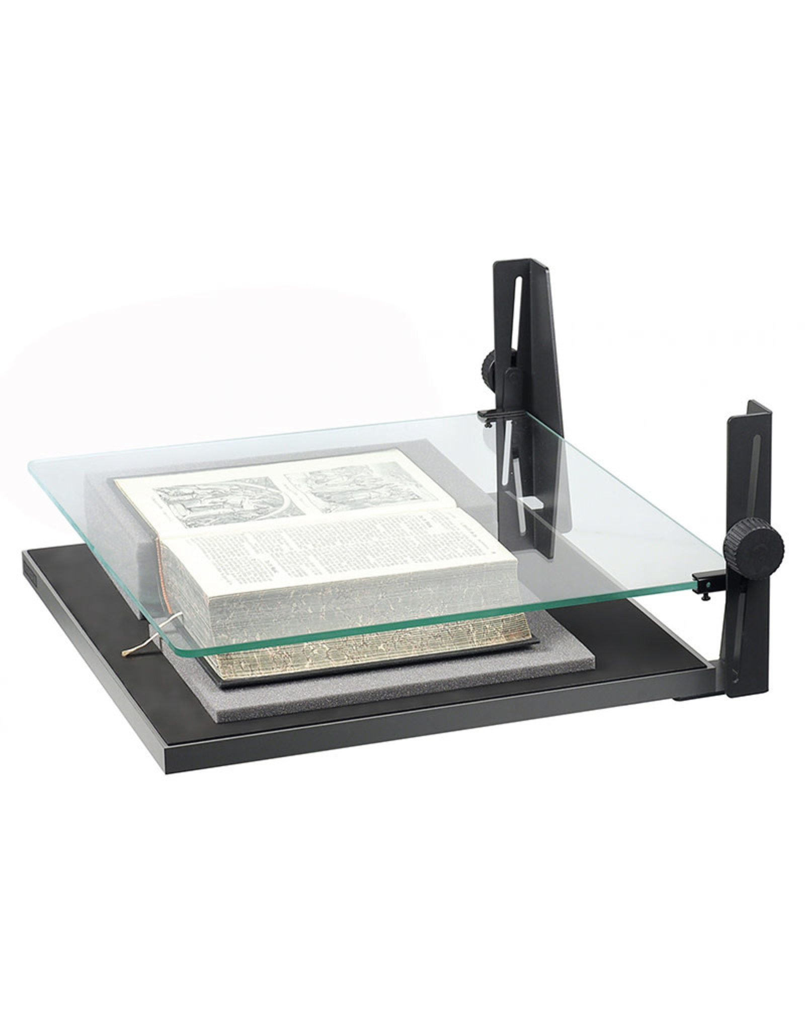 Kaiser Book Holder 69/50 AR, with anti-reflective coating, pressure plate for exact positioning, solid base plate with non-slip coating, and pre-formed foam of various thickness. For formats up to 69cm x 50cm (27.2” x 19.7”)