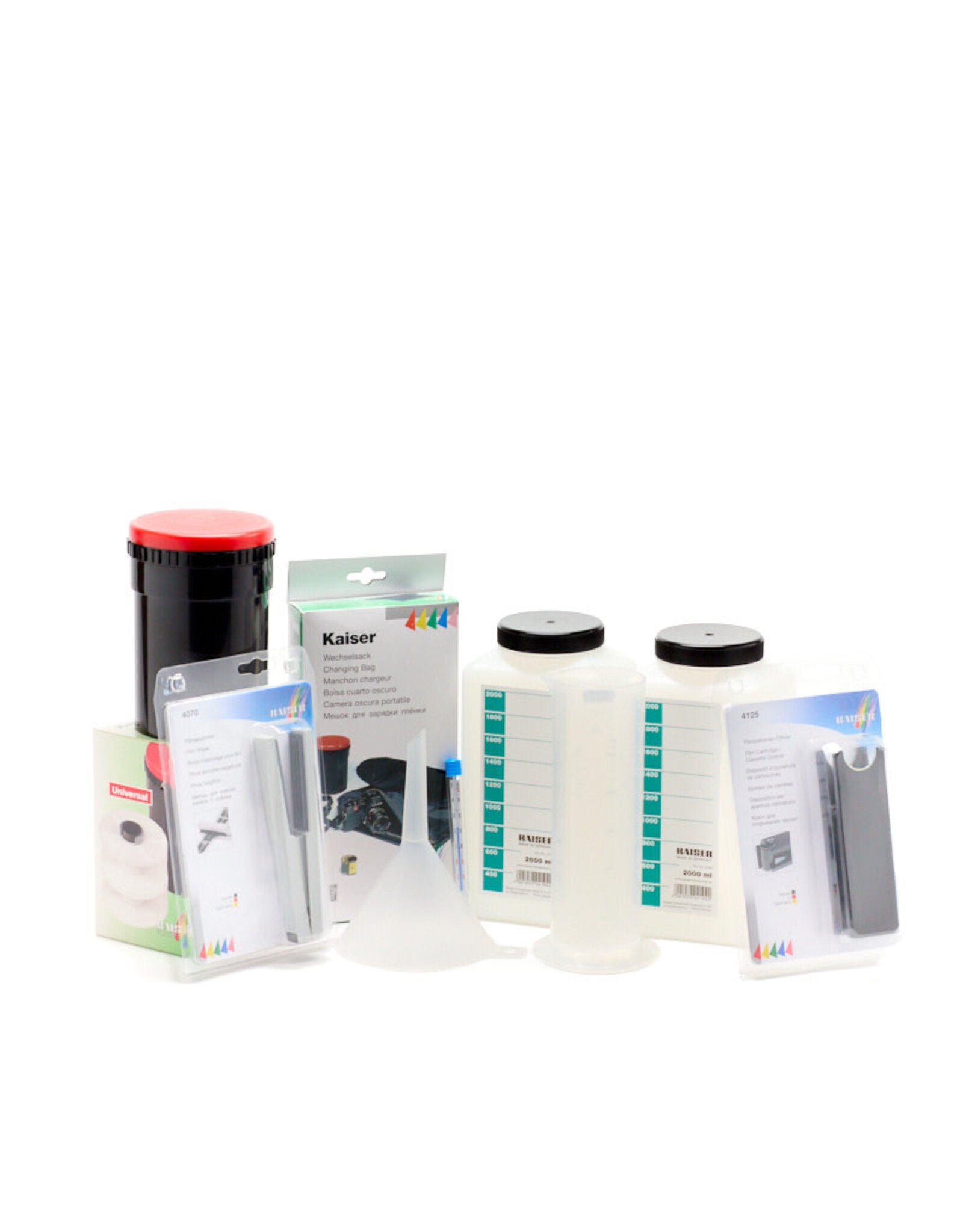 Kaiser B3K Kaiser Film Processing Kit with developing tank, change bag and film processing equipment.