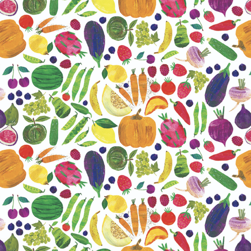 Clothworks Seasons Digital Fruits and Veggies White