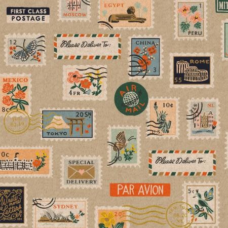 Cotton + Steel Bon Voyage Postage Stamps Unbleached Canvas Metallic by Rifle Paper Co.