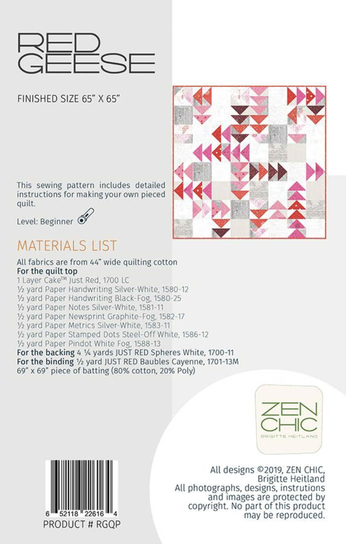 Zen Chic Zen Chic Red Geese Quilt Pattern