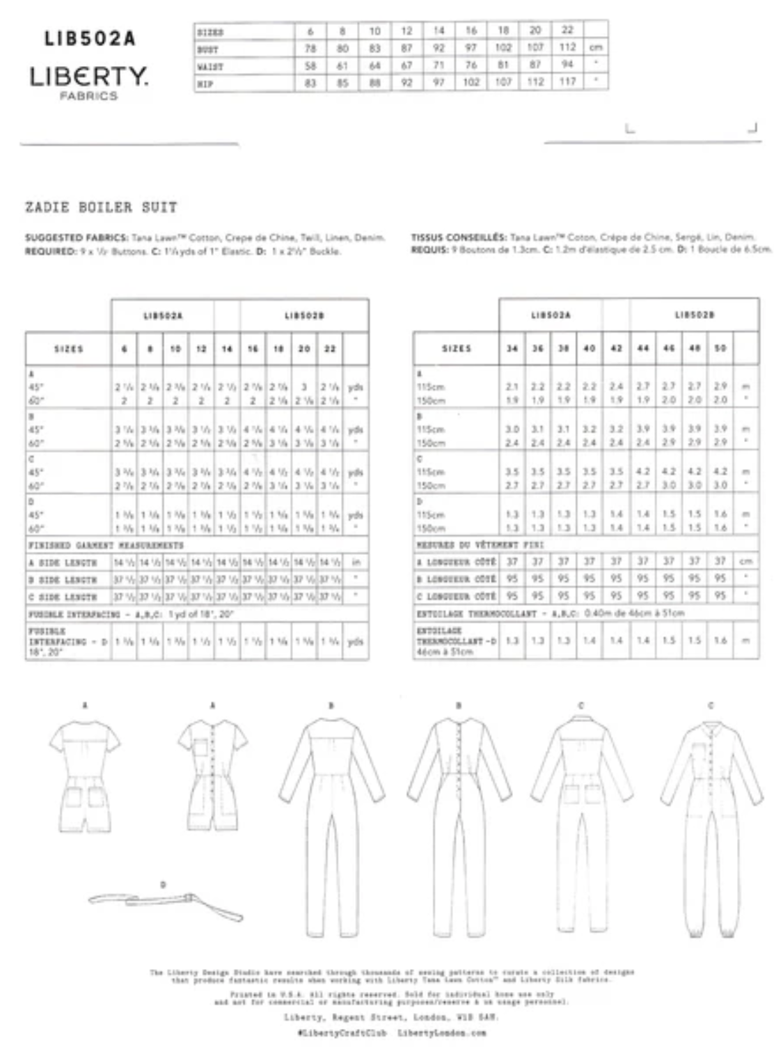 Liberty Art Fabrics Zadie Boiler Suit Pattern