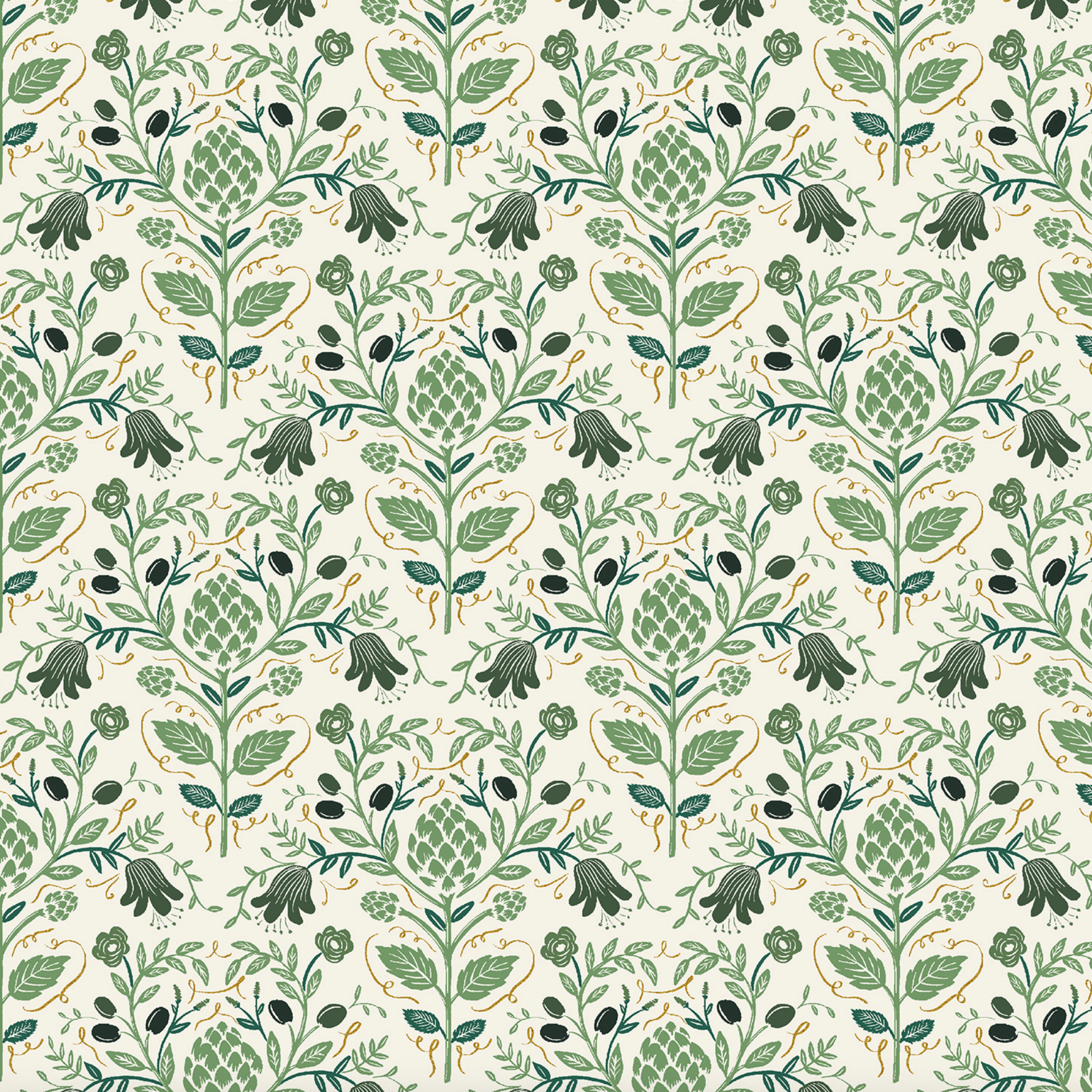 Cotton + Steel Rifle Paper Co. Dahlia Artichoke Cream Metallic