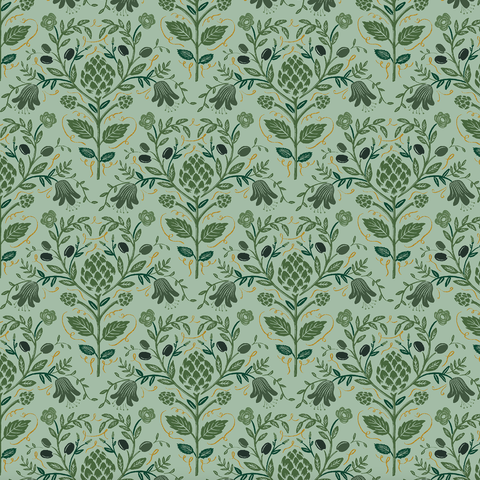 Cotton + Steel Rifle Paper Co. Dahlia Artichoke Sage Metallic