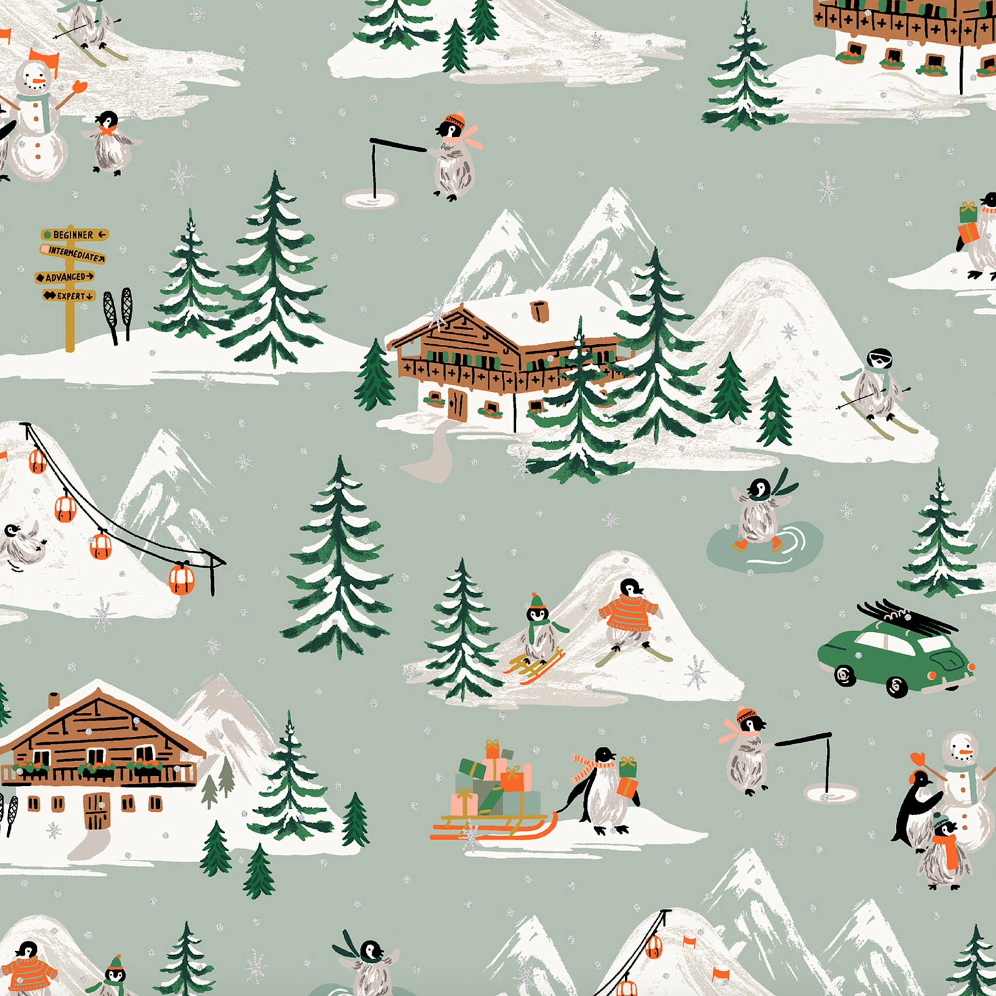 Rifle Paper Co Holiday Classics Penguin Village Mint Metallic Silver