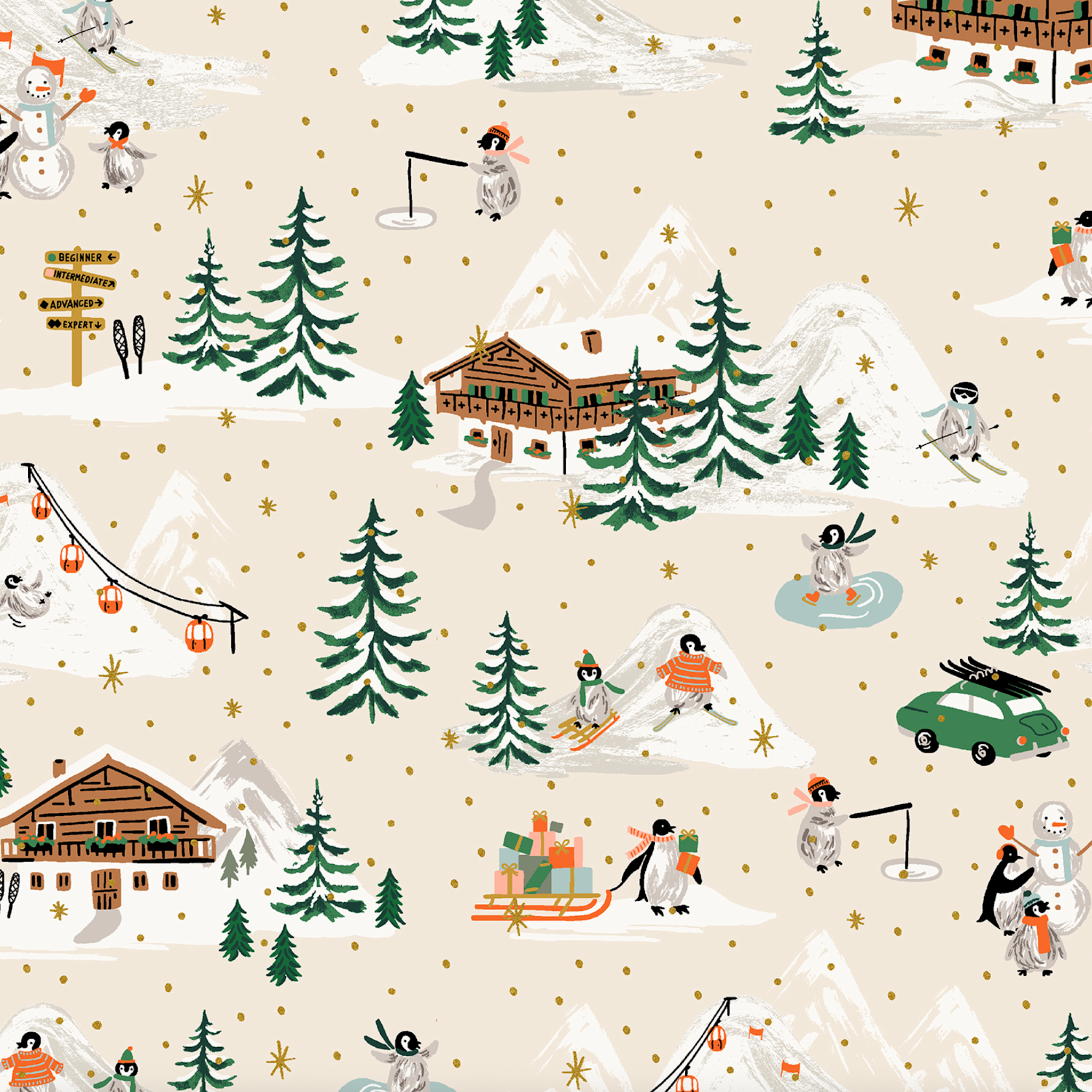 Rifle Paper Co Holiday Classics Penguin Village Cream Metallic Gold