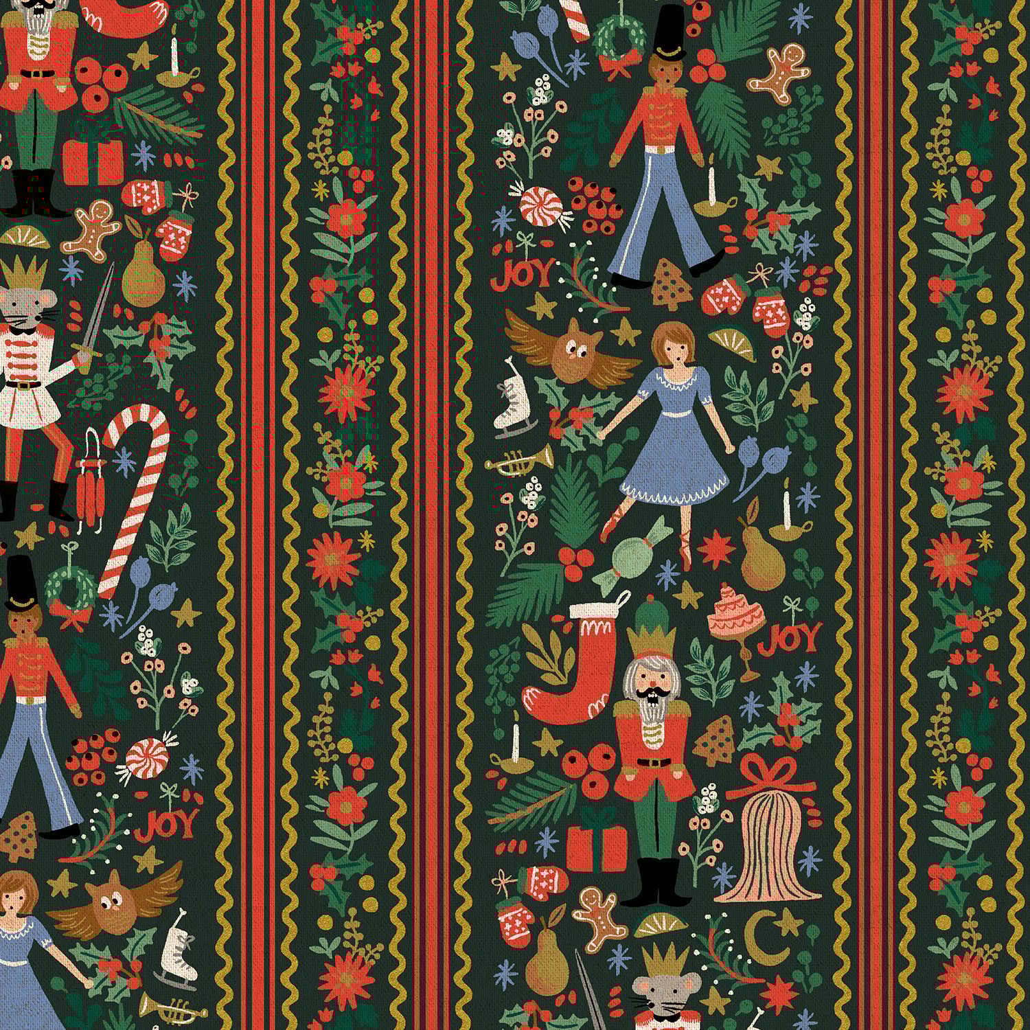 Rifle Paper Co Holiday Classics Holly Jolly Nutcracker Evergreen Metallic Gold Canvas