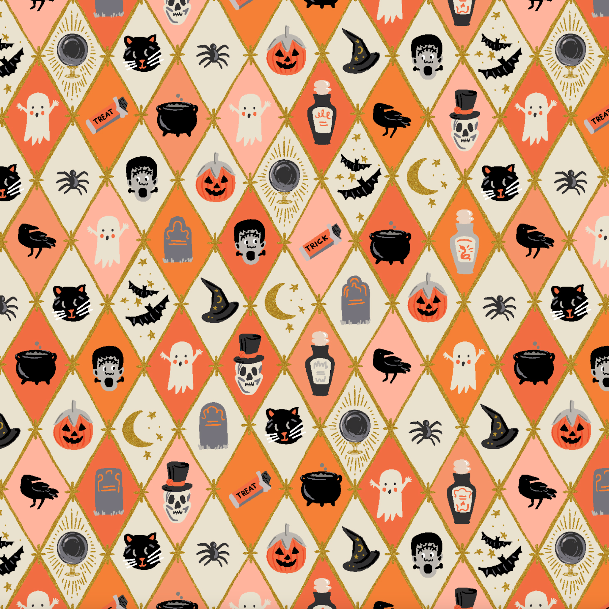 Cotton + Steel Rifle Paper Co. Halloween Argyle Orange Metallic