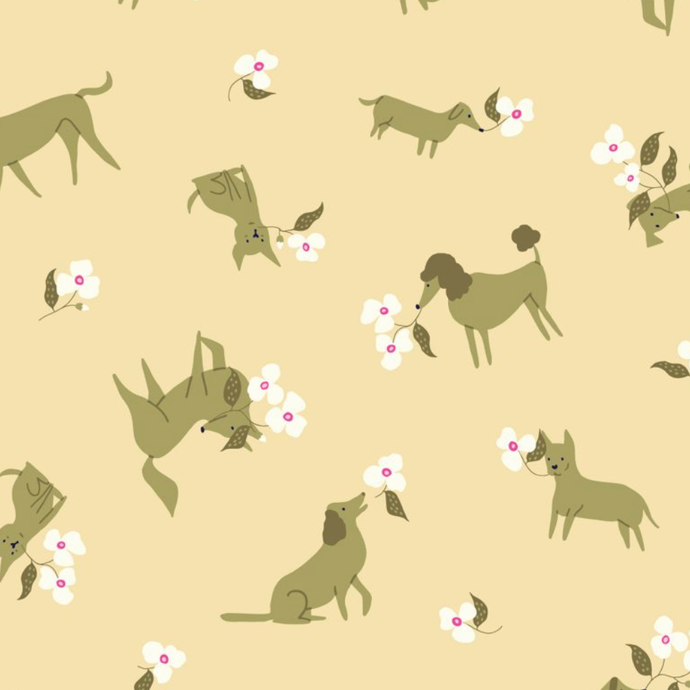 Cloud 9 Fabrics Playful Dogs Dog and Big Flowers