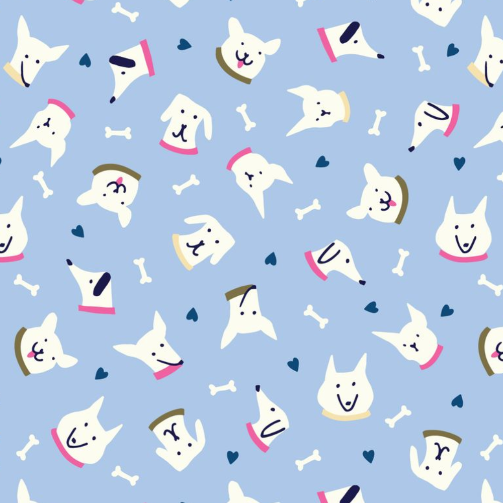 Cloud 9 Fabrics Playful Dogs Sunrise Dog Faces Blue