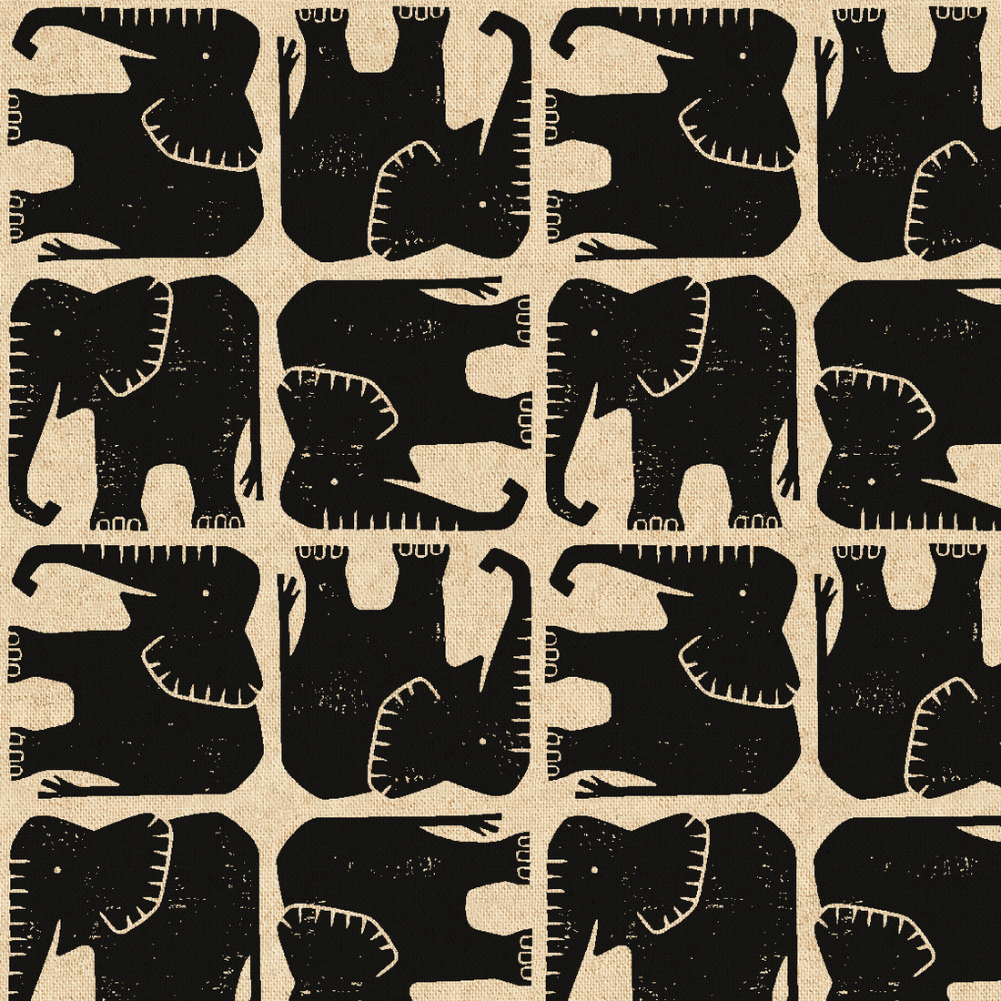 Cotton + Steel Rising Sun Jolly Elephant - Black Unbleached Canvas