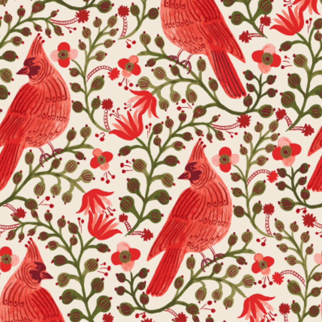 Rifle Paper Co Holiday Classics Cardinals Metallic Cream Canvas