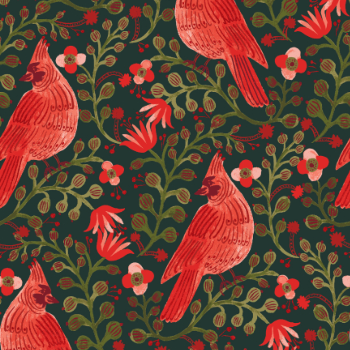 Rifle Paper Co Holiday Classics Cardinals Metallic Evergreen Canvas