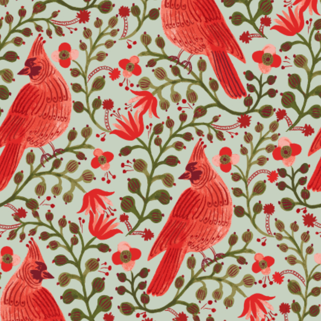 Rifle Paper Co Holiday Classics Cardinals Metallic Mint Canvas