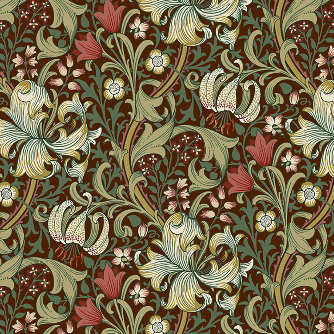 Free Spirit Fabrics Morris & Co Suffolk Holiday Golden Lily Ruby