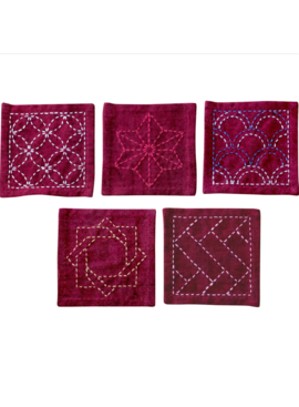 Olympus Tsumugi Cloth Sashiko Coasters Deep Red