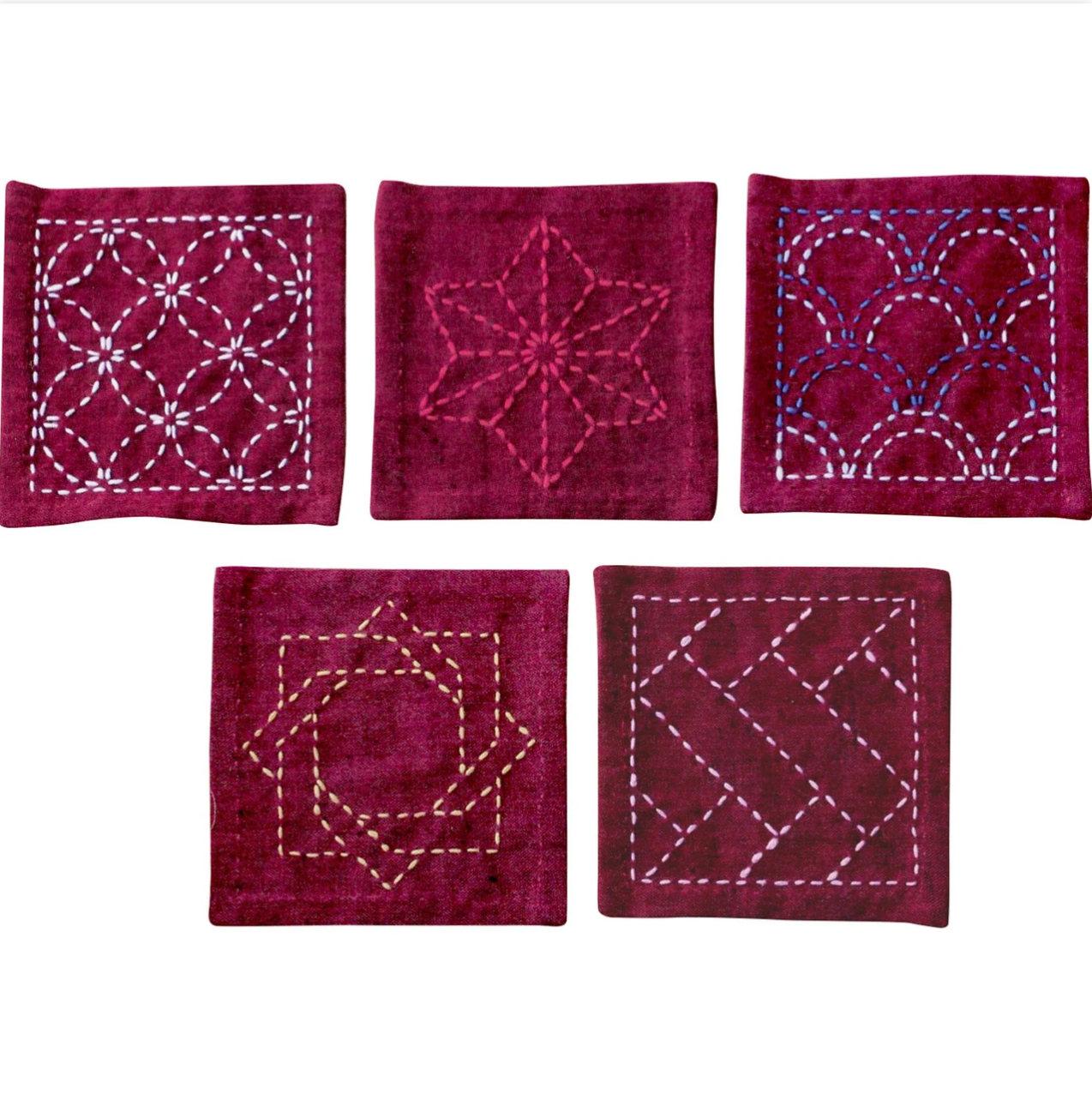 Olympus Tsumugi Cloth Sashiko Coasters Deep Red