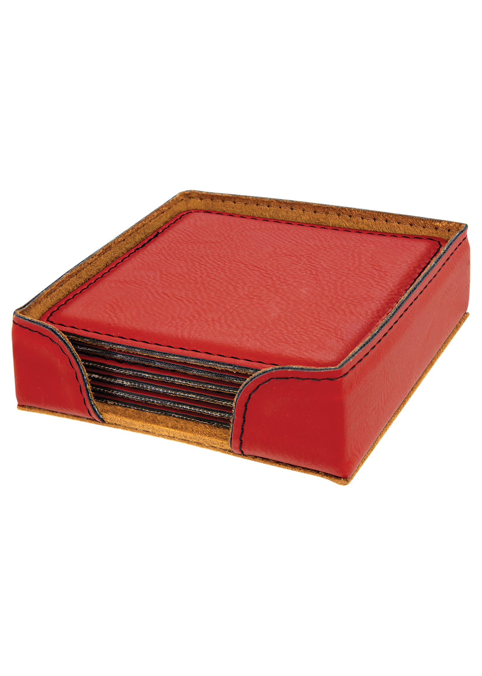 4" x 4" Red Square Laserable Leatherette 6-Coaster Set with Holder