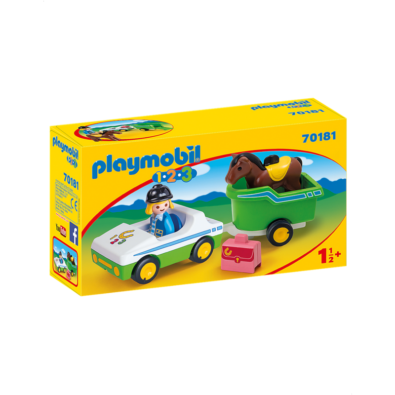 Playmobil 1.2.3 70181 Cavalière Avec Voiture Et Remorque