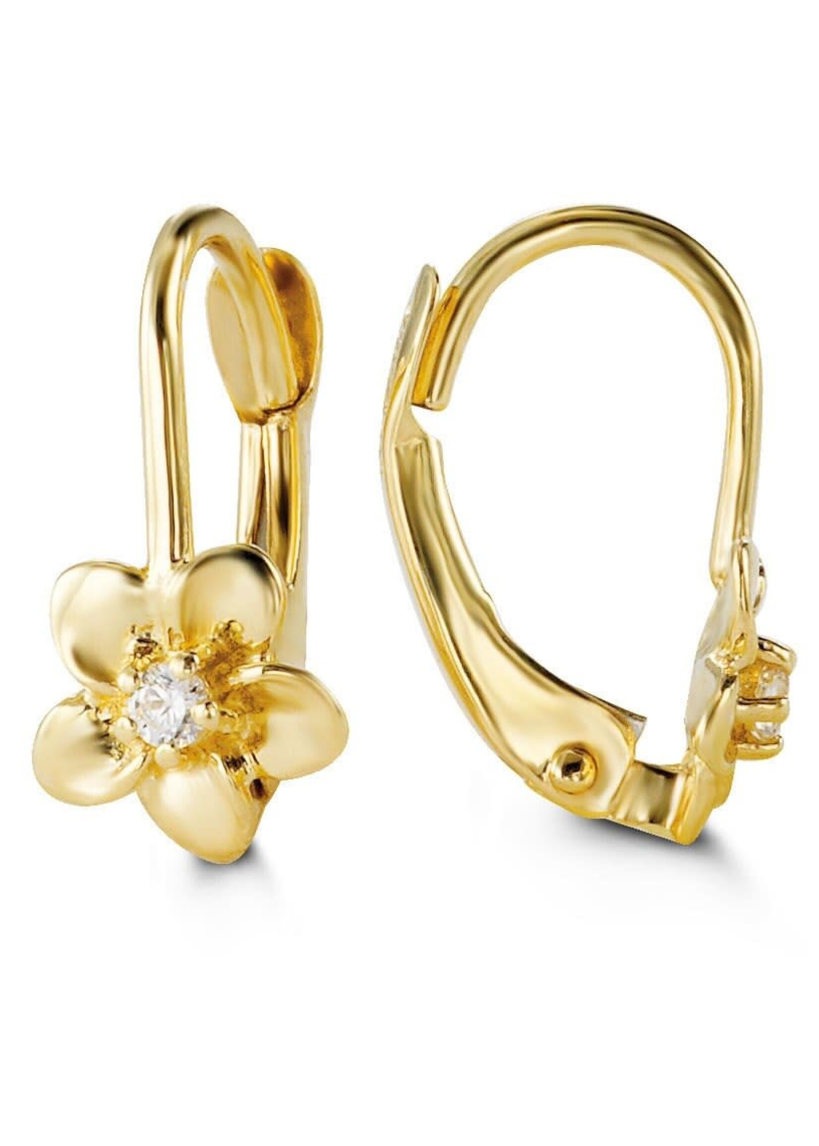 10K Yellow Gold Flower Frenchback Earrings w/Single CZ - 4005B