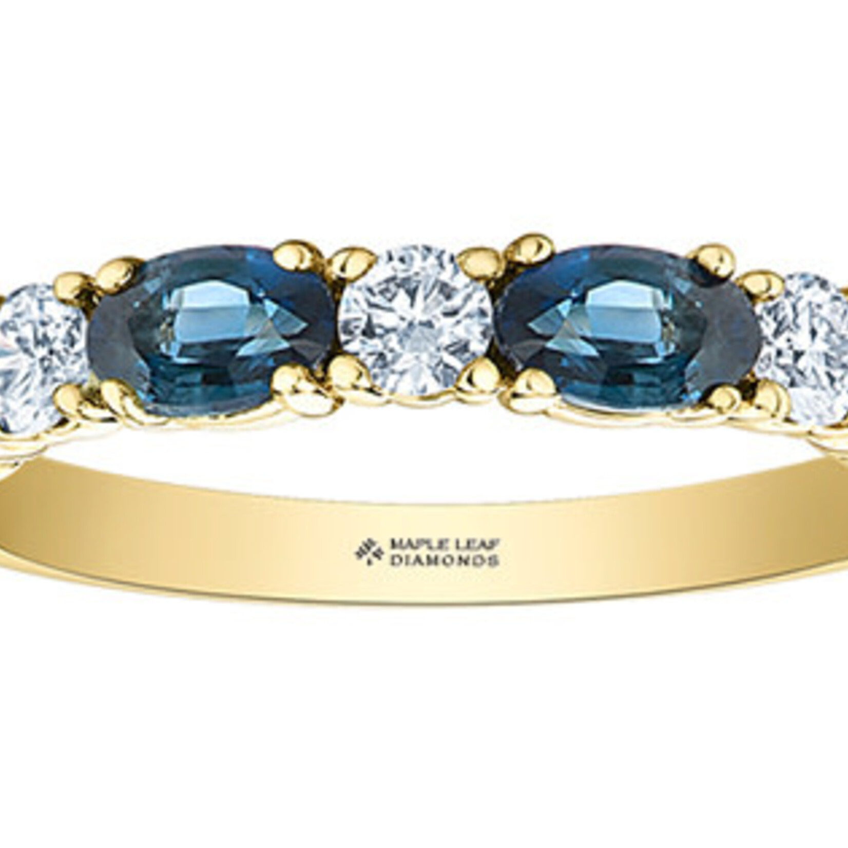 Maple Leaf Diamonds **14K YG 4 Sapphire 5x3mm 3 Round Diamond .08CT Ring
