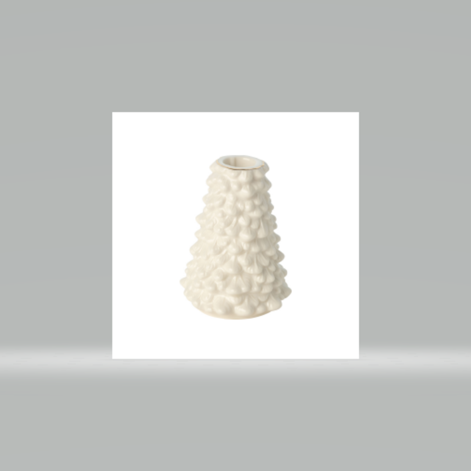 Silver Tree Shiny White Ceramic & Gold Trim Pine Cone Shape Taper Holder 4"