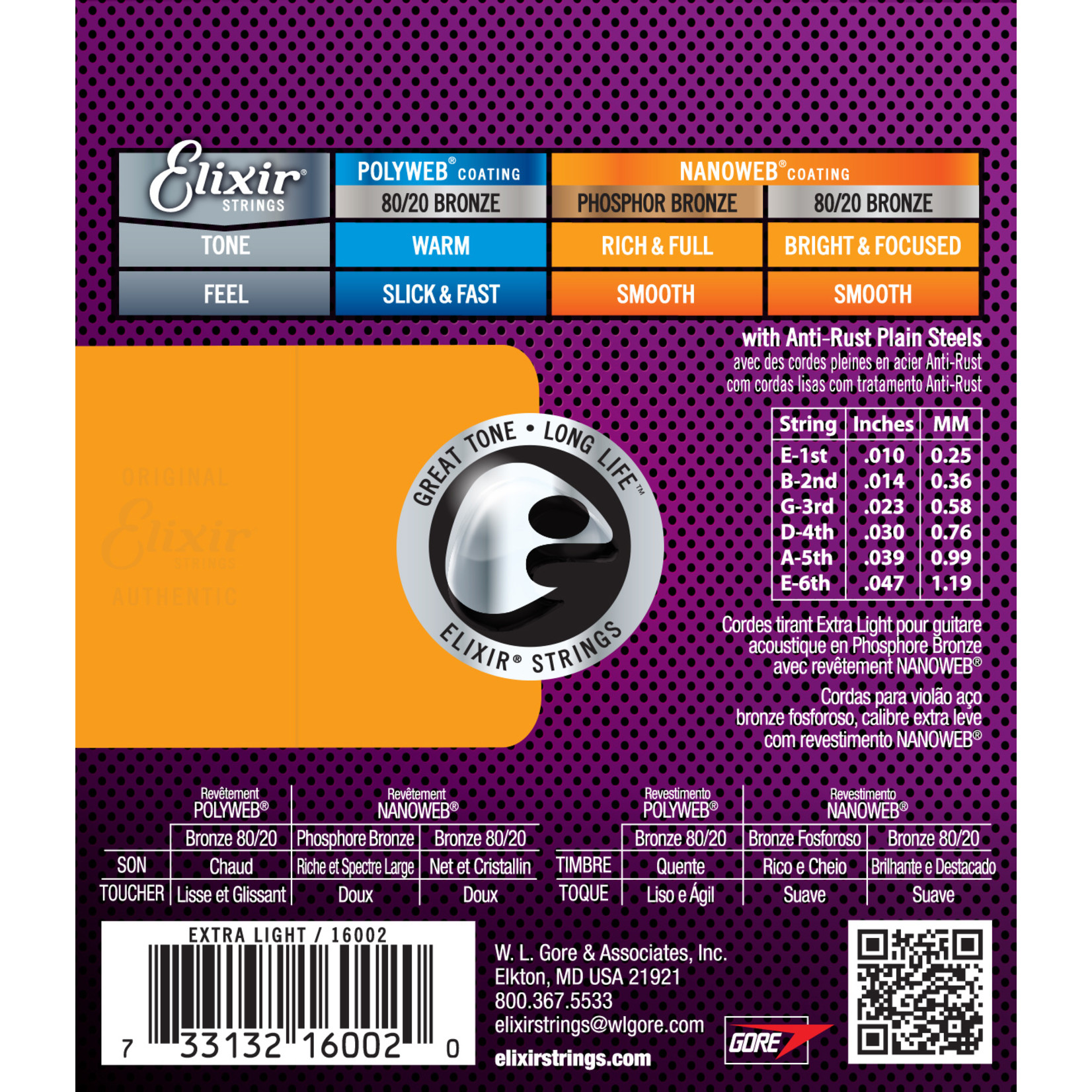 Elixir Elixir Strings  (.010-.047) Phosphor Bronze Acoustic Guitar Strings w NANOWEB Coating Extra Light