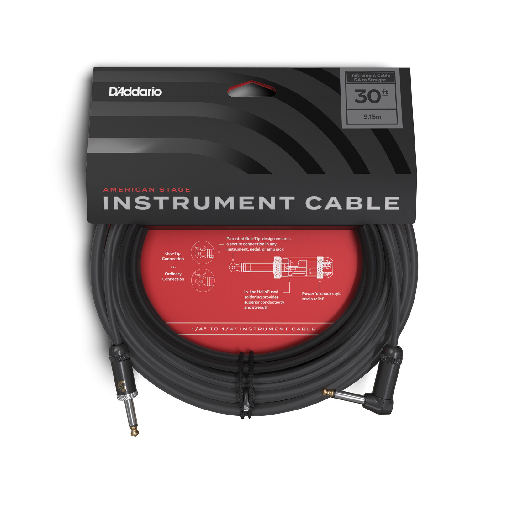 D'Addario D'Addario American Stage Instrument Cable, Straight to Right Angle, 30ft